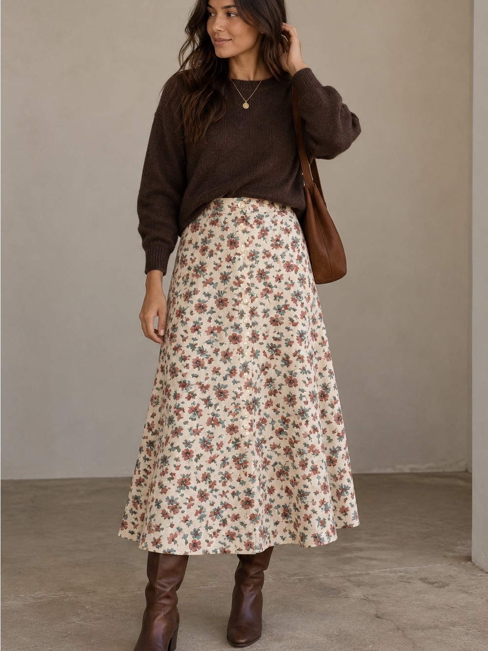 Tweeds Floral Midi Button Down Skirt in Cream & Mauve